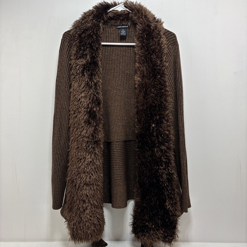 Lauren Michelle Open Cardigan Sweater Women's Size M Brown Shimmer Faux‎ Fur